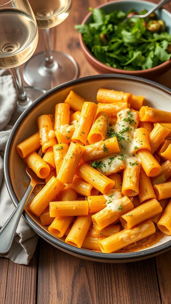 Baked four cheese butternut squash rigatoni with a golden cheese crust, garnished with parsley, on a rustic wooden table.